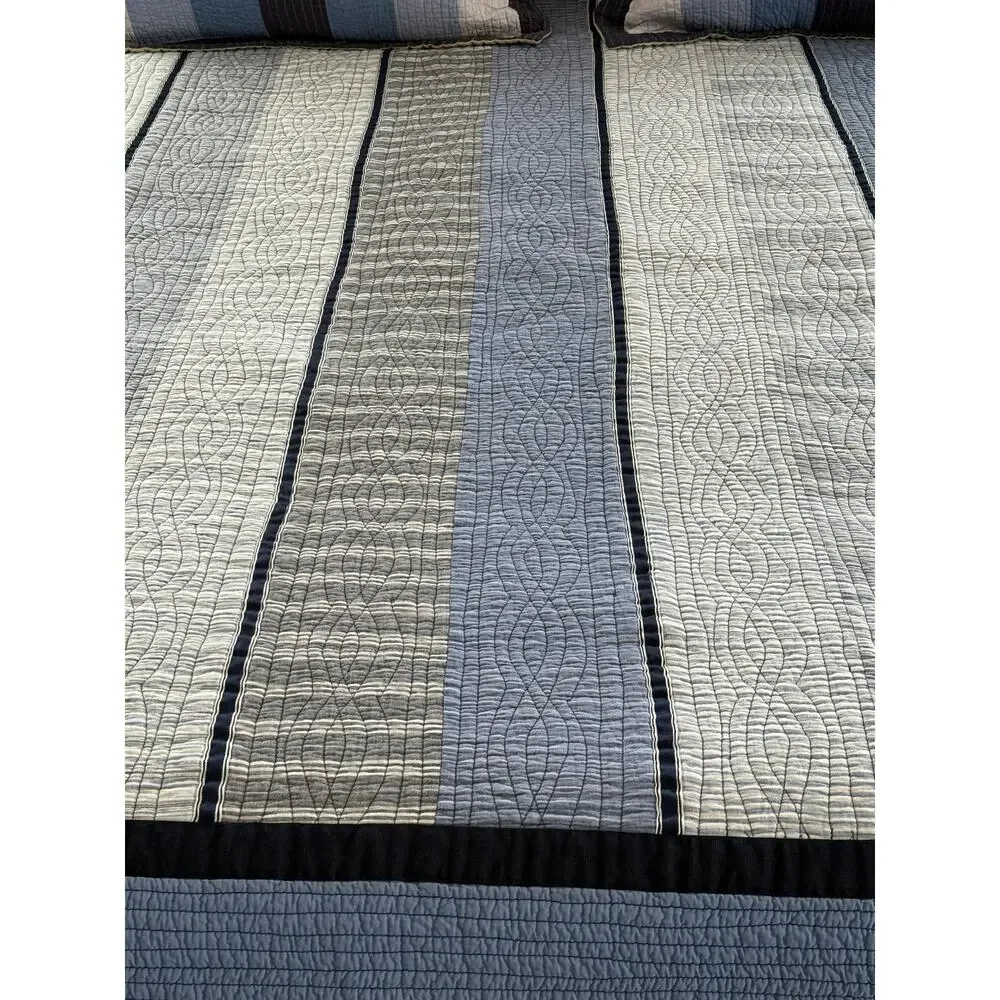 Nautica Coastal Quilt Bedspread Full Queen Blue Plaid Cotton 2 Pillow Shams READ